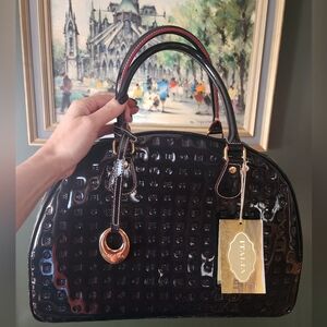 ARCADIA Dark Blue Patent Leather With Red Trim Handle Bag - Made in Italy - NWT